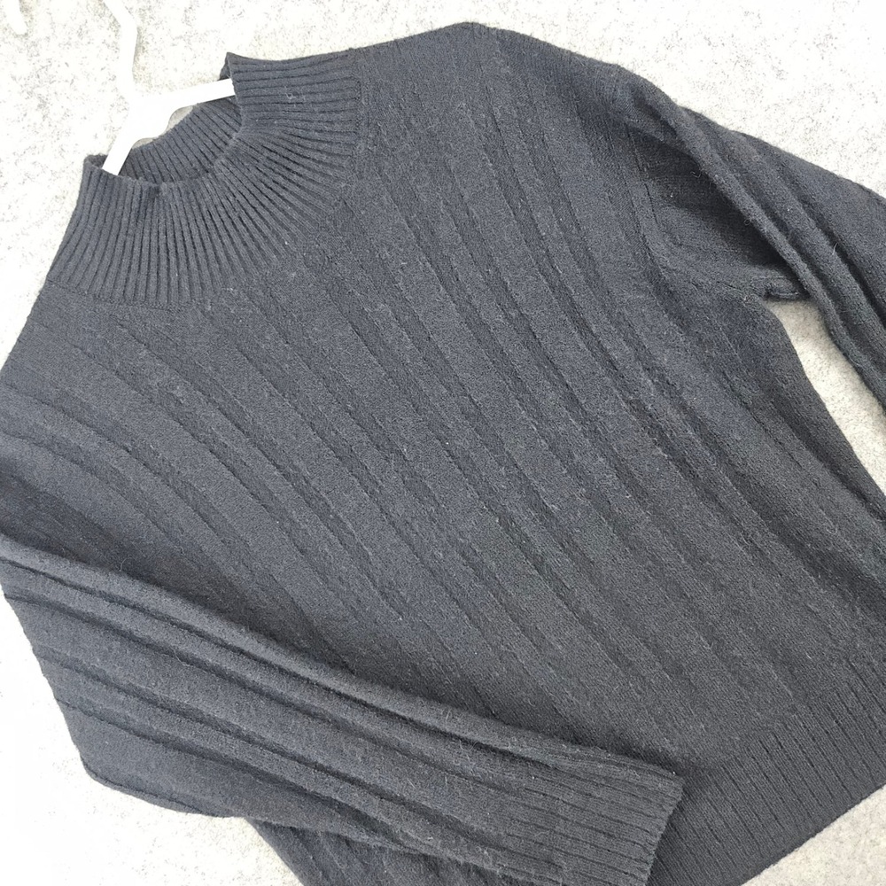 J Crew Re-Imagined Sweater Women Small Black Merino Wool Alpaca Ribbed Mock HOLE